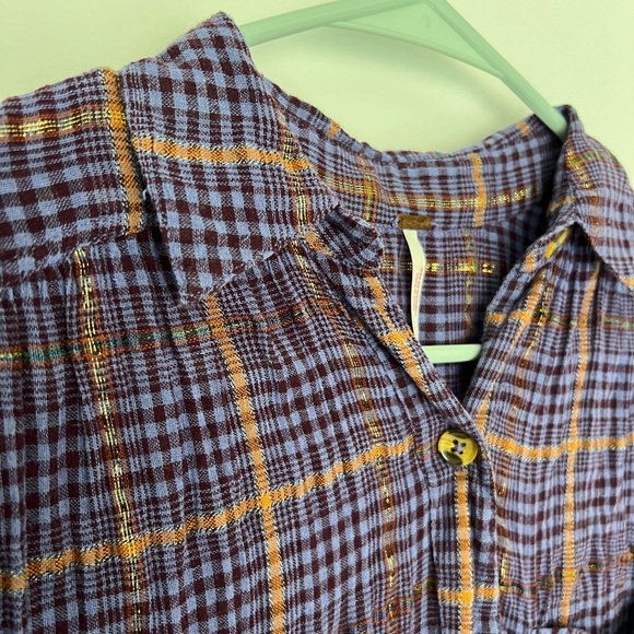 Free People: Purple Plaid Button-Up Shirt: Size XS - Picture 3 of 5